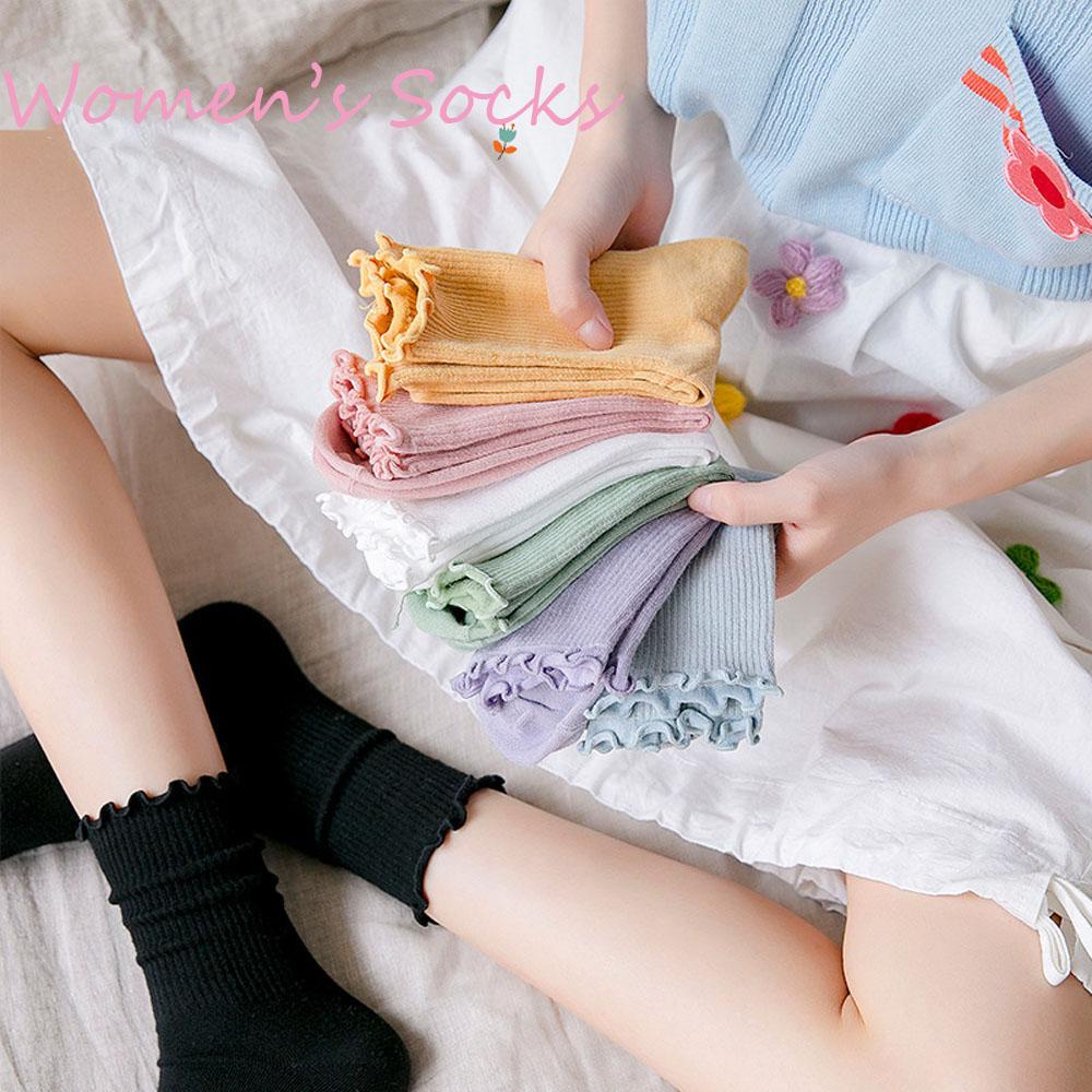Vớ Cotton Phối Bèo Màu Sắc Ngọt Ngào Phong Cách Harajuku Thời Trang Cho Nữ