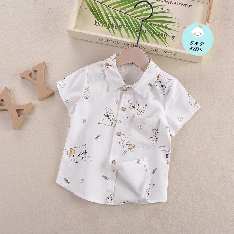 Áo sơmi cộc tay bé trai chất thô lụa hai màu trắng vàng