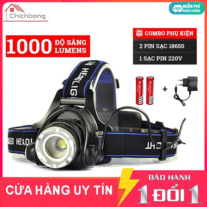 Đèn pin đội đầu siêu sáng chống nước có zoom 1 bóng led pin trâu