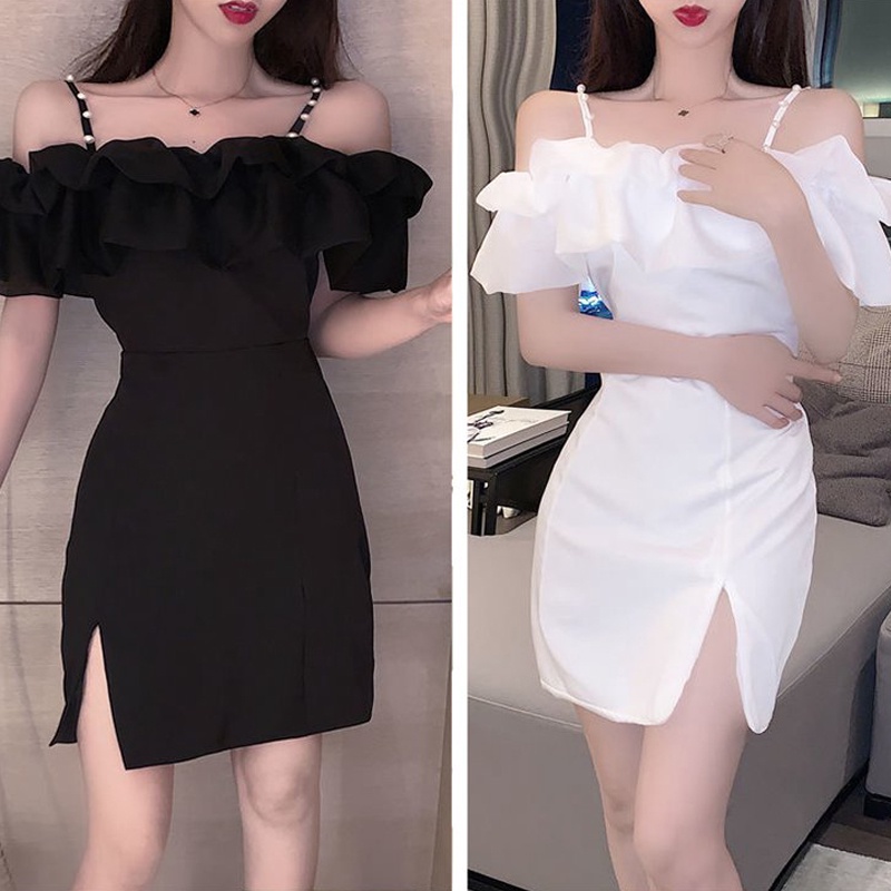 Đầm Ngắn Trễ Vai Phối Bèo Đính Ngọc Trai Phong Cách Hàn Quốc Thời Trang Mùa Hè Cho Nữ (2 Màu)