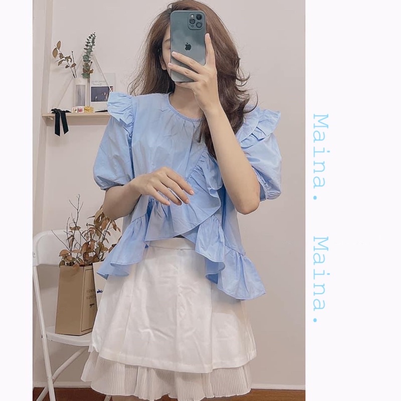 Áo sơ mi viền bèo hai màu xanh trắng phong cách trẻ trung
