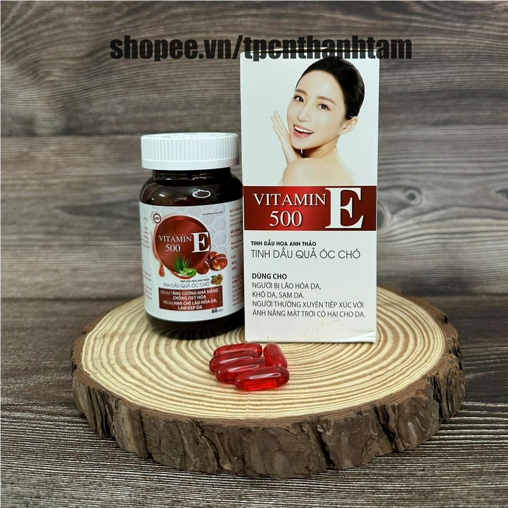 Viên uống trắng da Vitamin E 500 với tinh dầu lô hội giúp đẹp da, sáng da, chống lão hóa, giảm nám, bôi lên da- Hộp 60 v