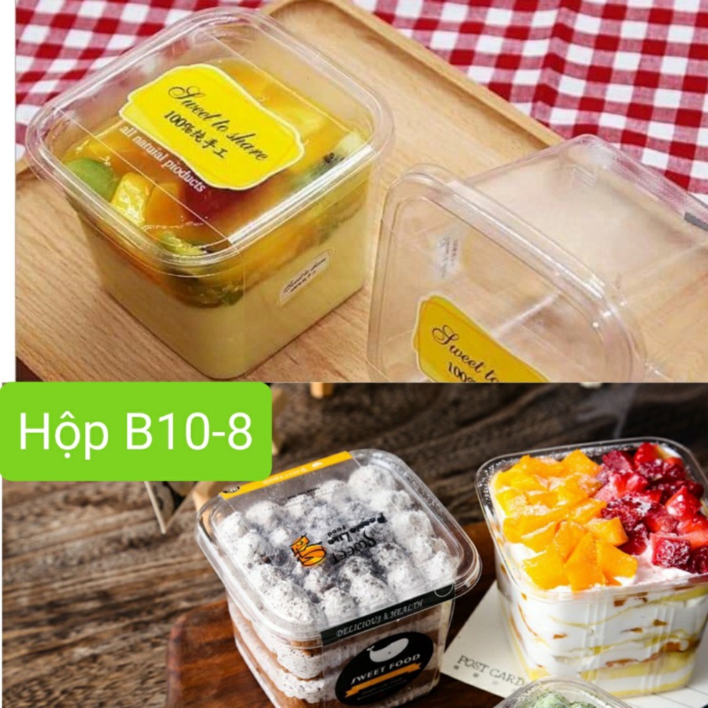 10 hộp nhựa pet vuông B10-8 (ko tem), hộp mousse vuông đựng bánh