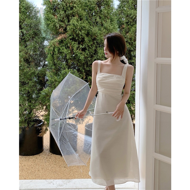 Đầm nữ 2 quai màu be dự tiệc sang trọng lịch sự gợi cảm chất liệu cotton lụa