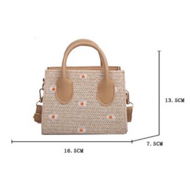 Túi đeo chéo cói thêu hoa phối da mùa hè (có sẵn, hình thật)