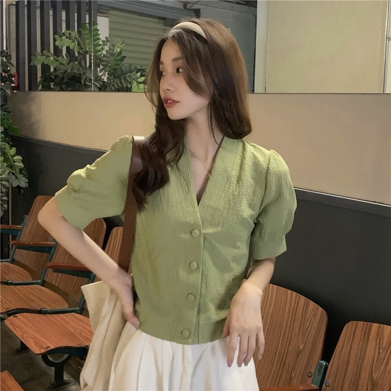 Porozi  Áo Sơ Mi Tay Ngắn Phồng Cổ Chữ V Phong Cách Retro Thời Trang Hàn Quốc Cho Nữ