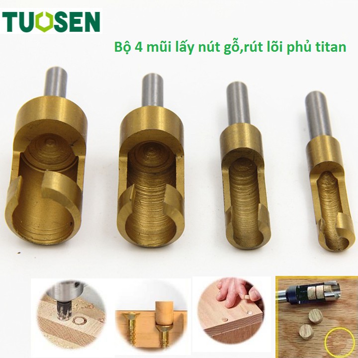 Bộ 4 mũi khoan lấy nút gỗ_chốt gỗ phủ titan