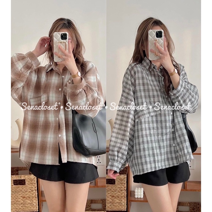 Áo sơmi sọc caro 2 màu form rộng oversize tay bo (Ảnh thật/Video)