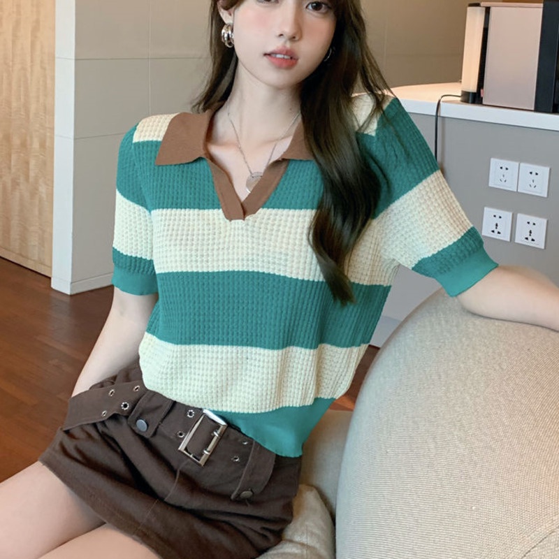 Áo Polo Dệt Kim Kẻ Sọc Kiểu Retro Cá Tính 185754 Áo Thun Ngắn Tay Thời Trang Trẻ Trung Cá Tính Kiểu Hàn Quốc