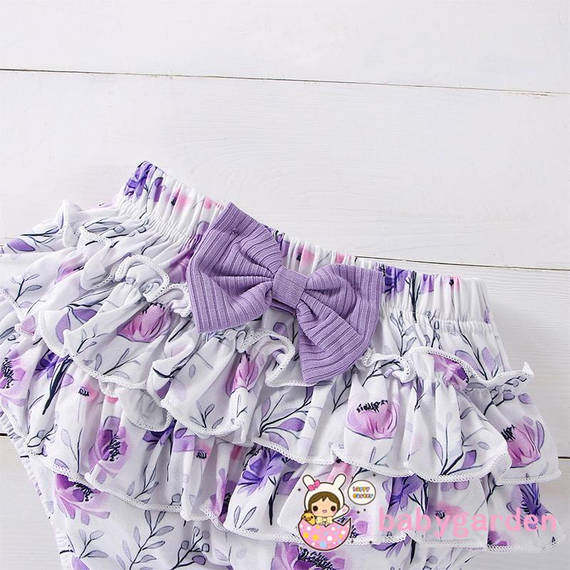 BABYGARDEN Newborn Girl Three-Piece Outfits, Short Sleeve Round Neck Romper + Floral Print Bow Decor Ruffles Shorts +