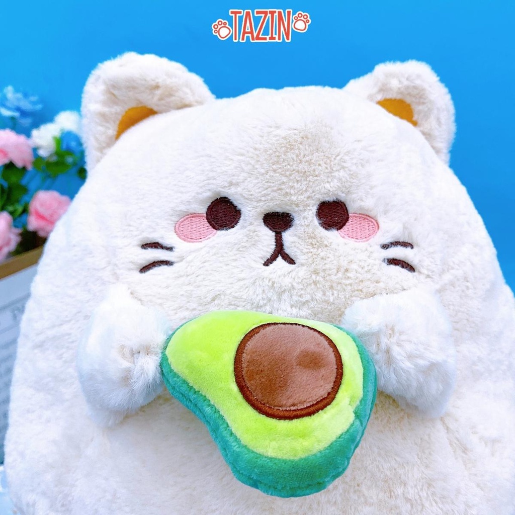 Gấu Bông Mèo Ôm Quả Bơ Cute, Chất Vải Nhung Và Bông Gòn Cao Cấp Tazin