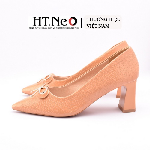 Giày cao gót 5cm HT.NEO Da vân tự nhiên, mũi nhon gót vuông cao 5cm, đính nơ cực xinh CS221