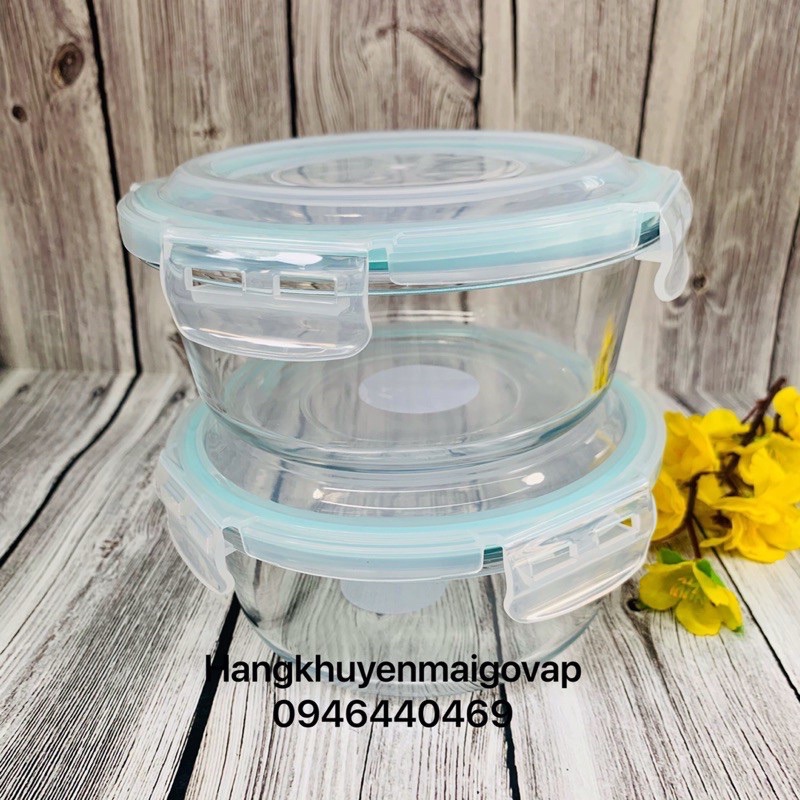 Set Hộp Cơm Thuỷ Tinh Viền Xanh -  Hộp 1000ml Chữ Nhật 2 Ngăn + Hộp 620ml Tròn - Hộp Mang Cơm Văn Phòng - Chống Tràn