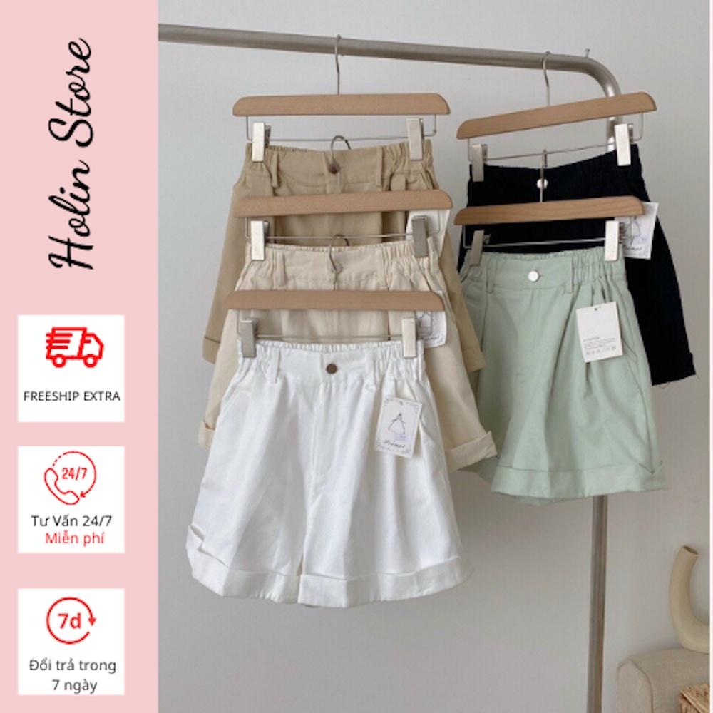 Quần sooc kaki nữ, quần short gập gấu lưng cao, cạp chun ống rộng, chất vải thoáng mát cho mùa hè,5 màu sắc