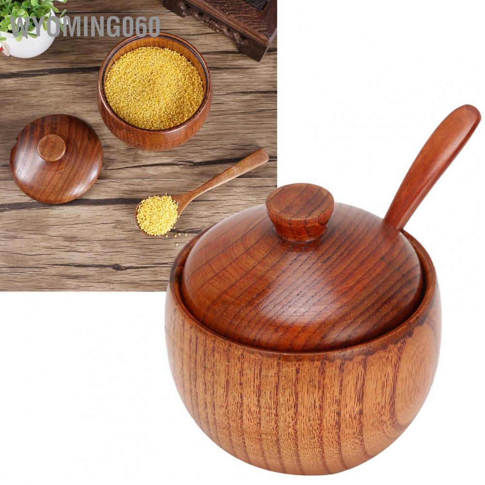 Wyoming060 Wood Spice Pot Sugar Bowl Salt Pepper Seasoning Box with Spoon and Lid Kit