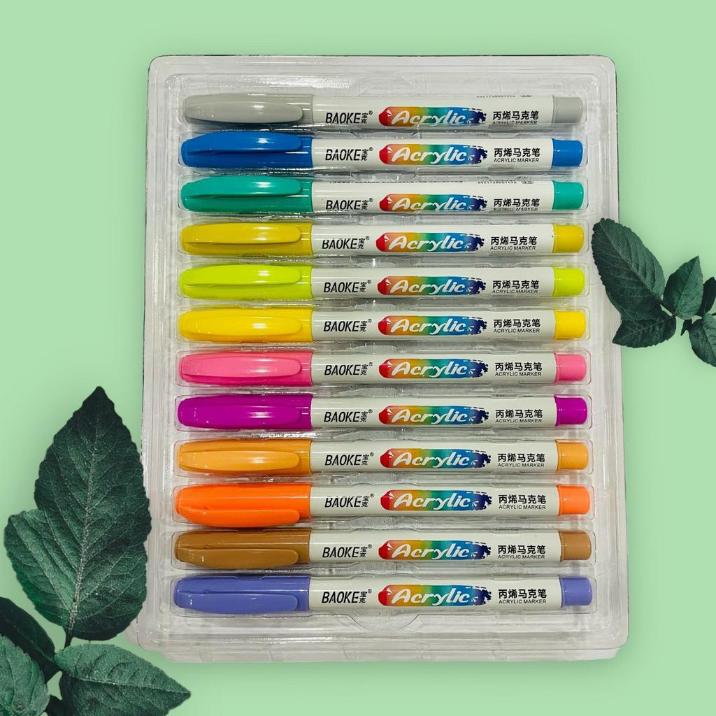 Bút acrylic 12 color Baoke MP2938 Màu Thường/ Màu Pastel Đầu lông cọ vẽ trên mọi bề mặt