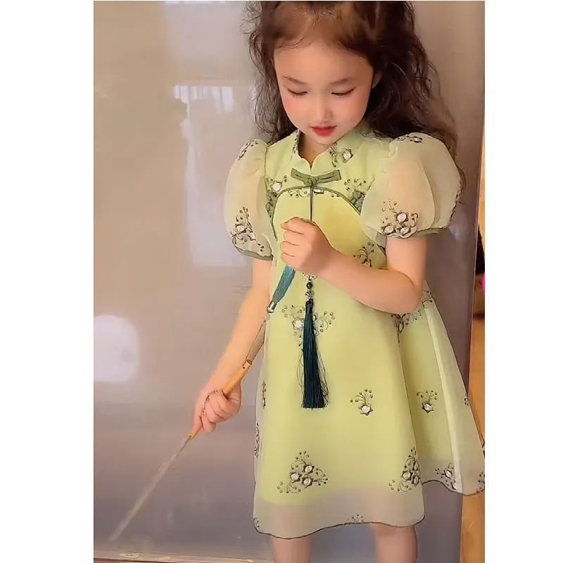 Đầm Sườn Xám Ngắn Tay Phong Cách Trung Hoa Xinh Xắn Cho Bé Gái