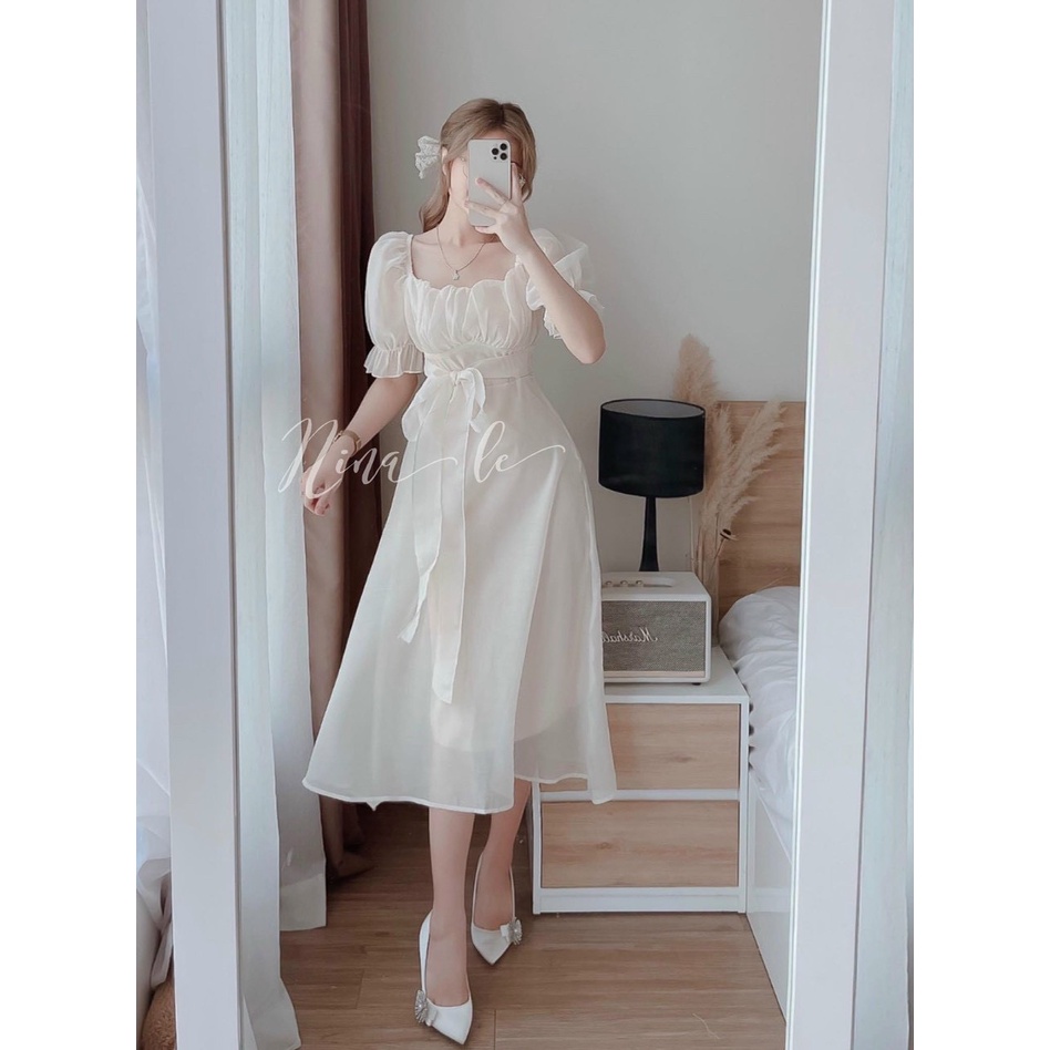 Đầm váy nữ trắng họa tiết cổ vuông xếp li nhẹ phối ống tay phồng  thích hợp đi dự tiệc
