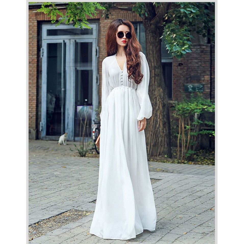 Đầm trắng tay dài cổ chữ V phong cách Bohemian | BigBuy360 - bigbuy360.vn