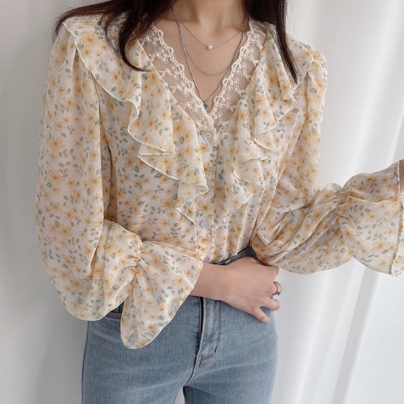 Áo Sơ Mi Chiffon Cổ V Tay Dài Phối Ren Phong Cách Phương Tây Cho Nữ
