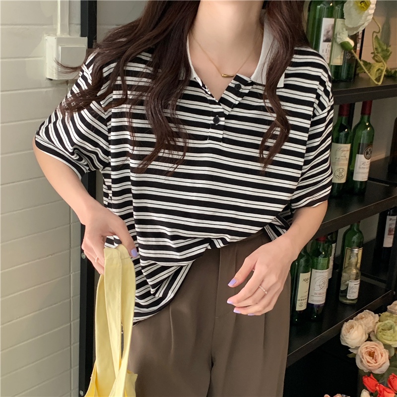Áo thun SUXI ngắn tay dáng rộng họa tiết kẻ sọc màu tương phản phong cách Hàn Quốc thời trang mùa hè cho nữ