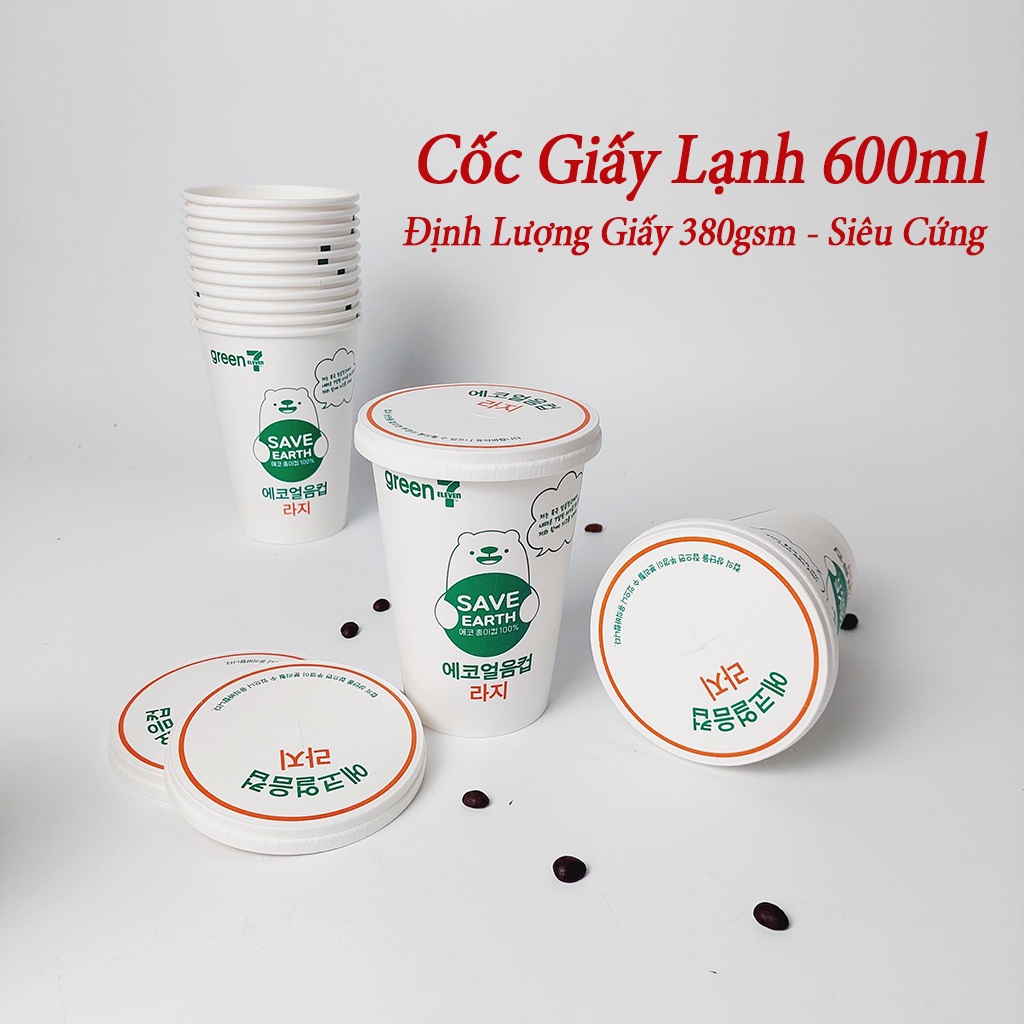50 Cốc Giấy Siêu Cao Cấp ECO 600ml - 20oz Gấu Xanh Kèm Nắp NHẬP KHẨU HÀN QUỐC
