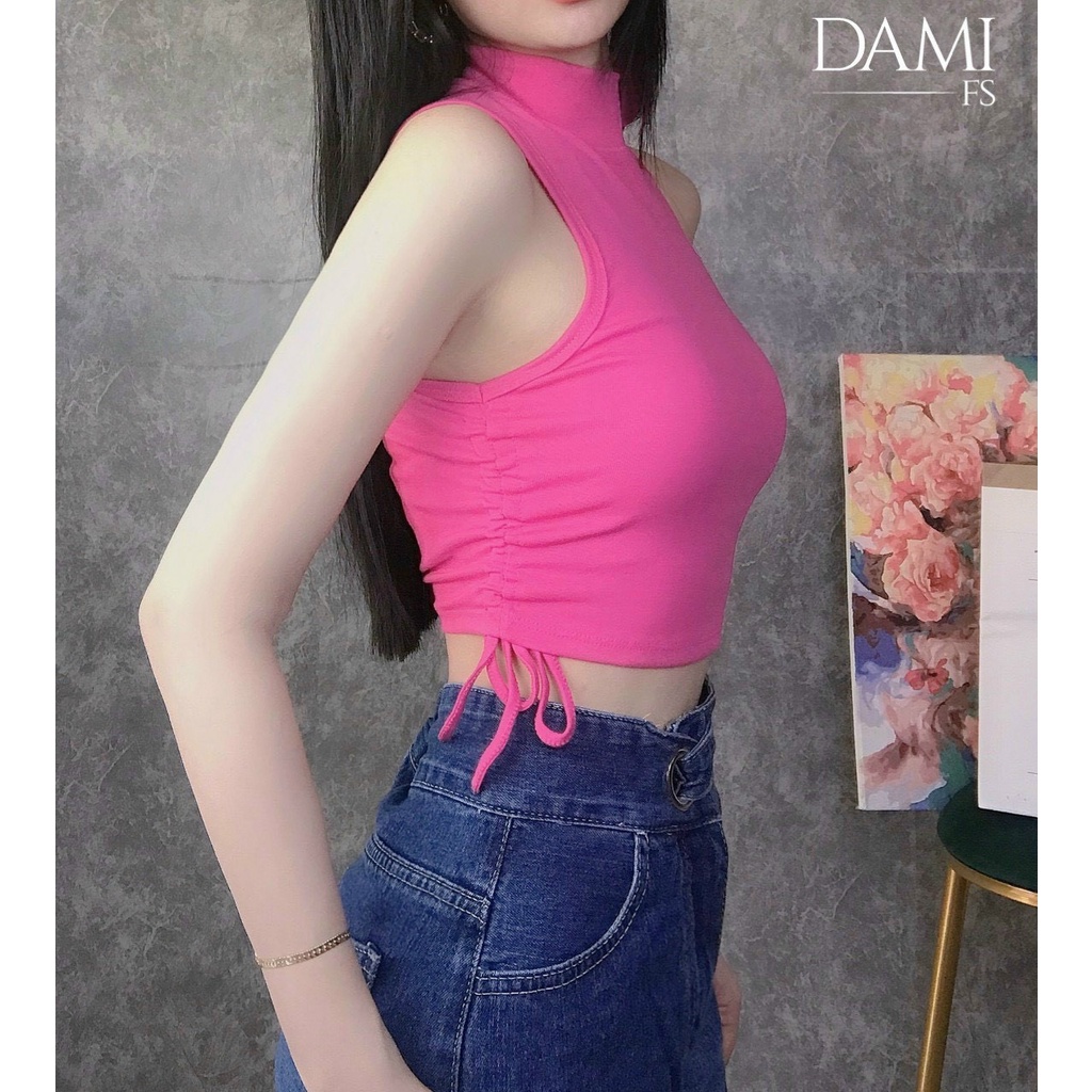 Áo kiểu sát nách cổ lọ trơn rút dây 2 bên cực xinh , chất thun gân mềm mịn