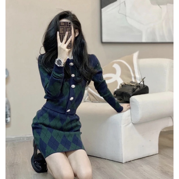 Set len dệt kim áo cardigan dài tay+chân váy ôm hoạ tiết quả trám chic ulzzang Hàn Quốc SAM SAM BOUTIQUE