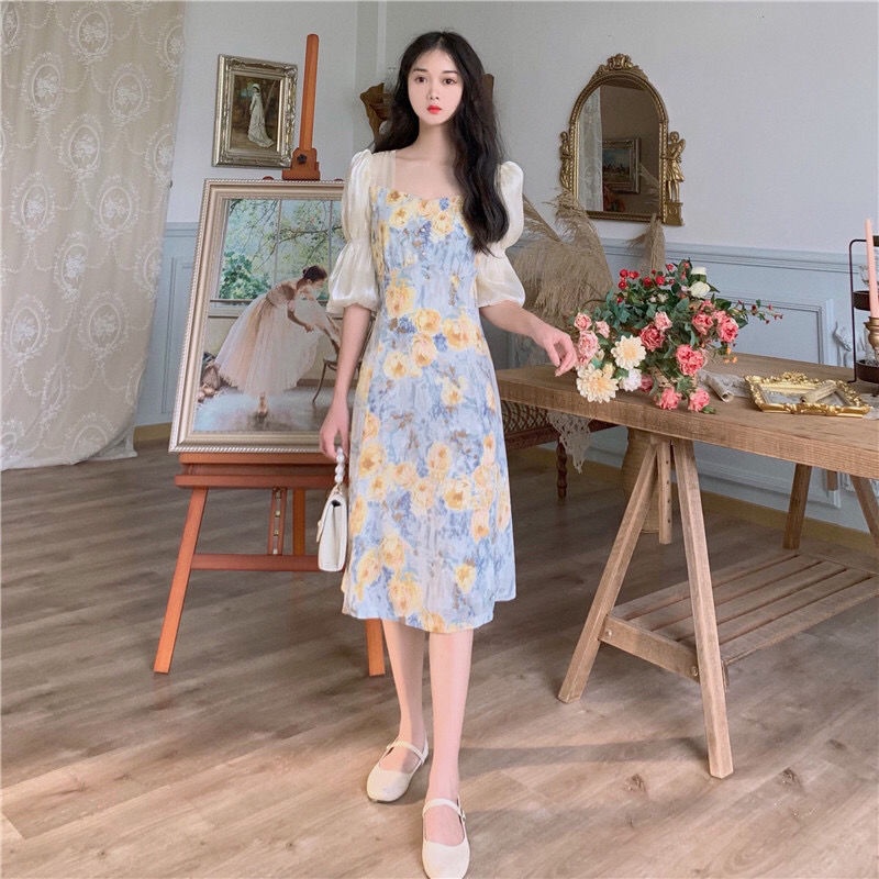 Đầm Ngắn Tay In Hoa Ngọt Ngào Thời Trang Dành Cho Nữ