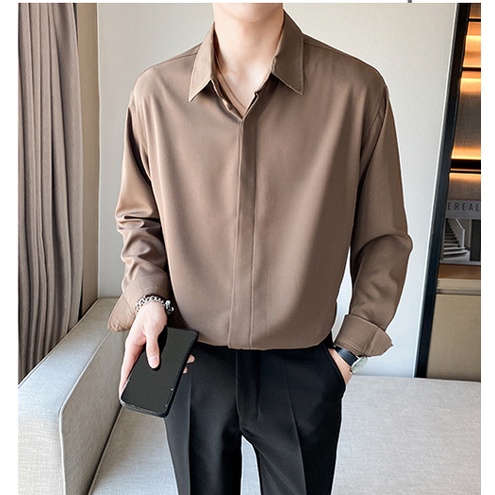 Áo Sơ Mi dài tay nam xuân hè băng lụa ẩn nút phiên bản hàn quốc cao cấp ý nghĩa áo sơ mi công sở xếp nếp giản dị