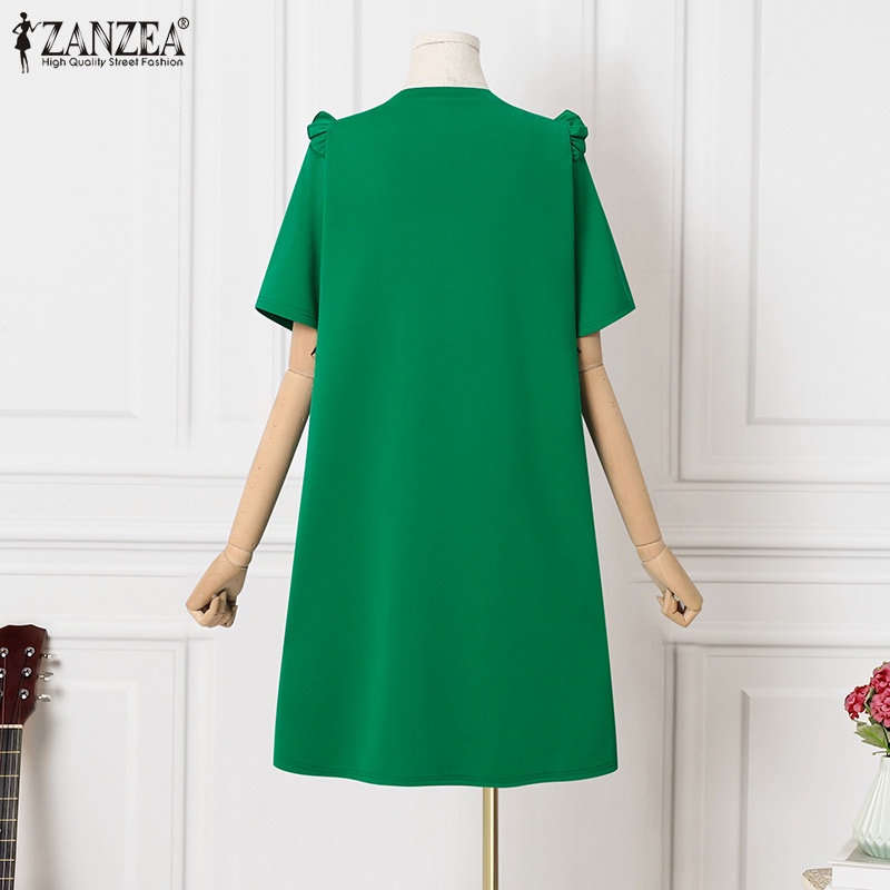 ZANZEA Đầm Tay Ngắn Cổ Tròn Thời Trang Dành Cho Nữ