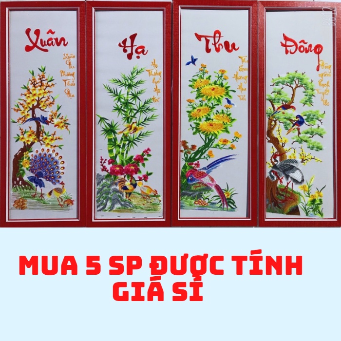 Tranh thêu vi tính tứ quý thành phẩm,bộ 4 bức tranh tứ quý treo tường thêu sẵn chỉ lụa