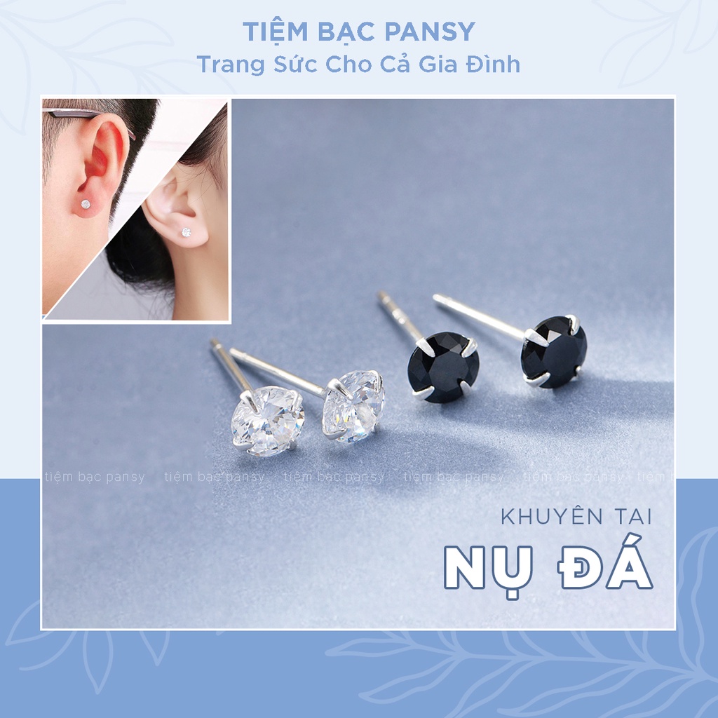 Khuyên tai bạc nam nữ unisex PANSY nụ đá tròn đính đá bấm lỗ đẹp