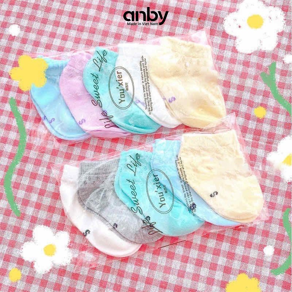 Set 5 đôi tất lưới trẻ em ANBY màu trơn cotton chống trượt cho bé từ sơ sinh đến 1 tuổi