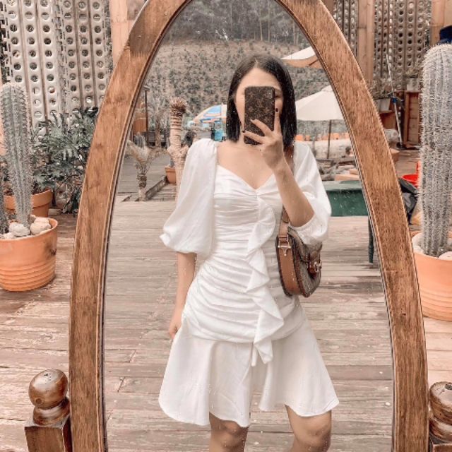 Đầm trắng nhún tay phồng siêu xinh kèm ảnh thật