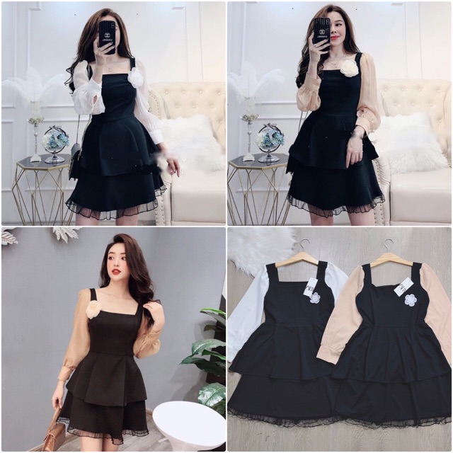Váy 2 tầng phối tay tơ gắn hoa trà