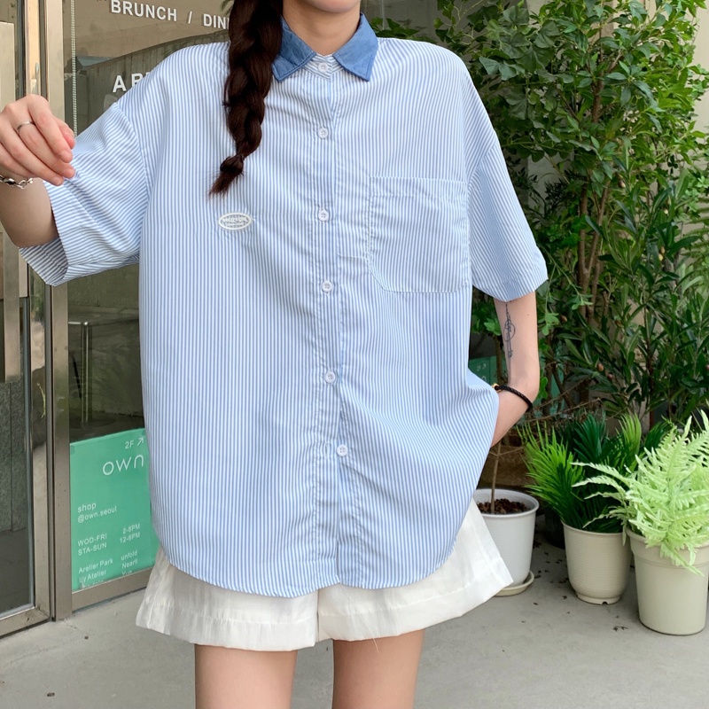 Áo sơ mi polo SUXI dáng rộng tay lửng họa tiết kẻ sọc màu xanh dương đơn giản thời trang mùa hè cho nữ