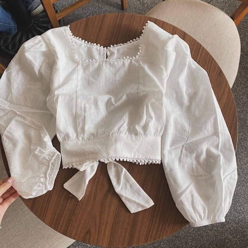 áo croptop tay dài viền ren nơ lưng