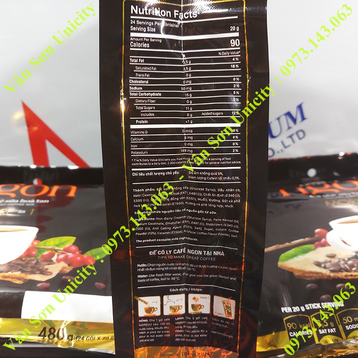 Cà phê sữa Ngon Trần Quang 480g (24 gói dài * 20g) Instant Coffee mix 3 in 1