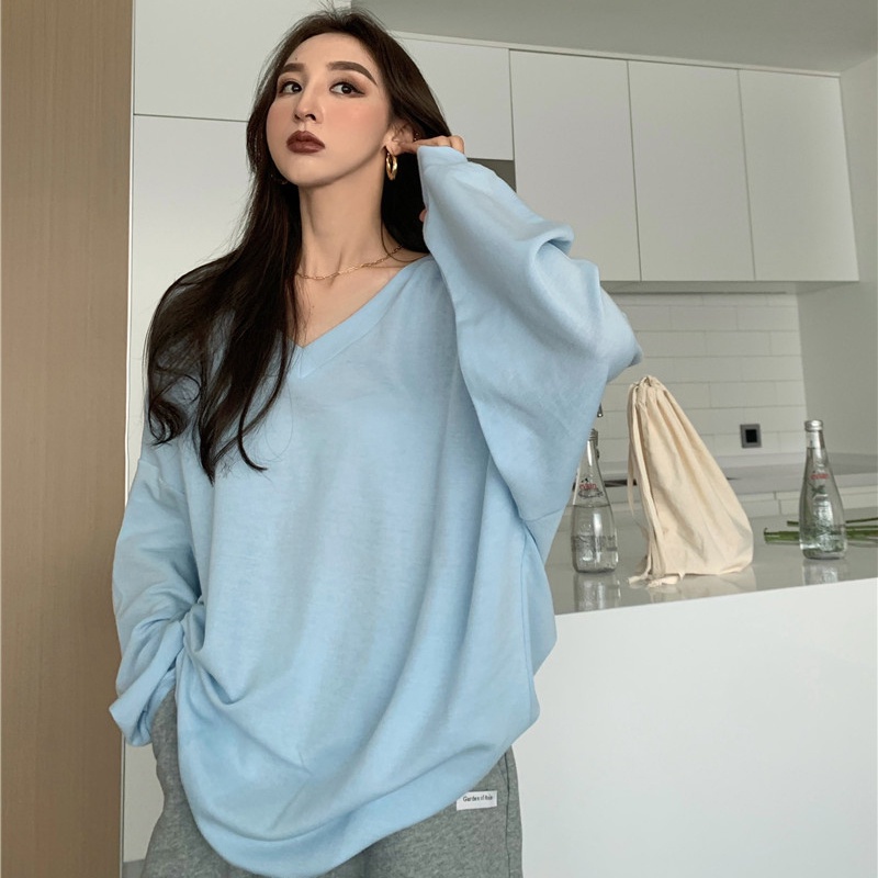 Áo thun QKOOLE tay dài cổ chữ V phong cách Hàn Quốc thời trang dành cho nữ