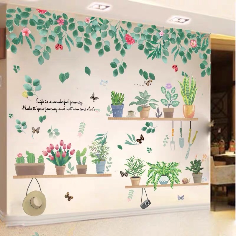 Tranh dán tường, Decal dán tường tán lá rơi và chậu cây