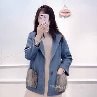 Áo khoác dạ lót lông cừu túi lông