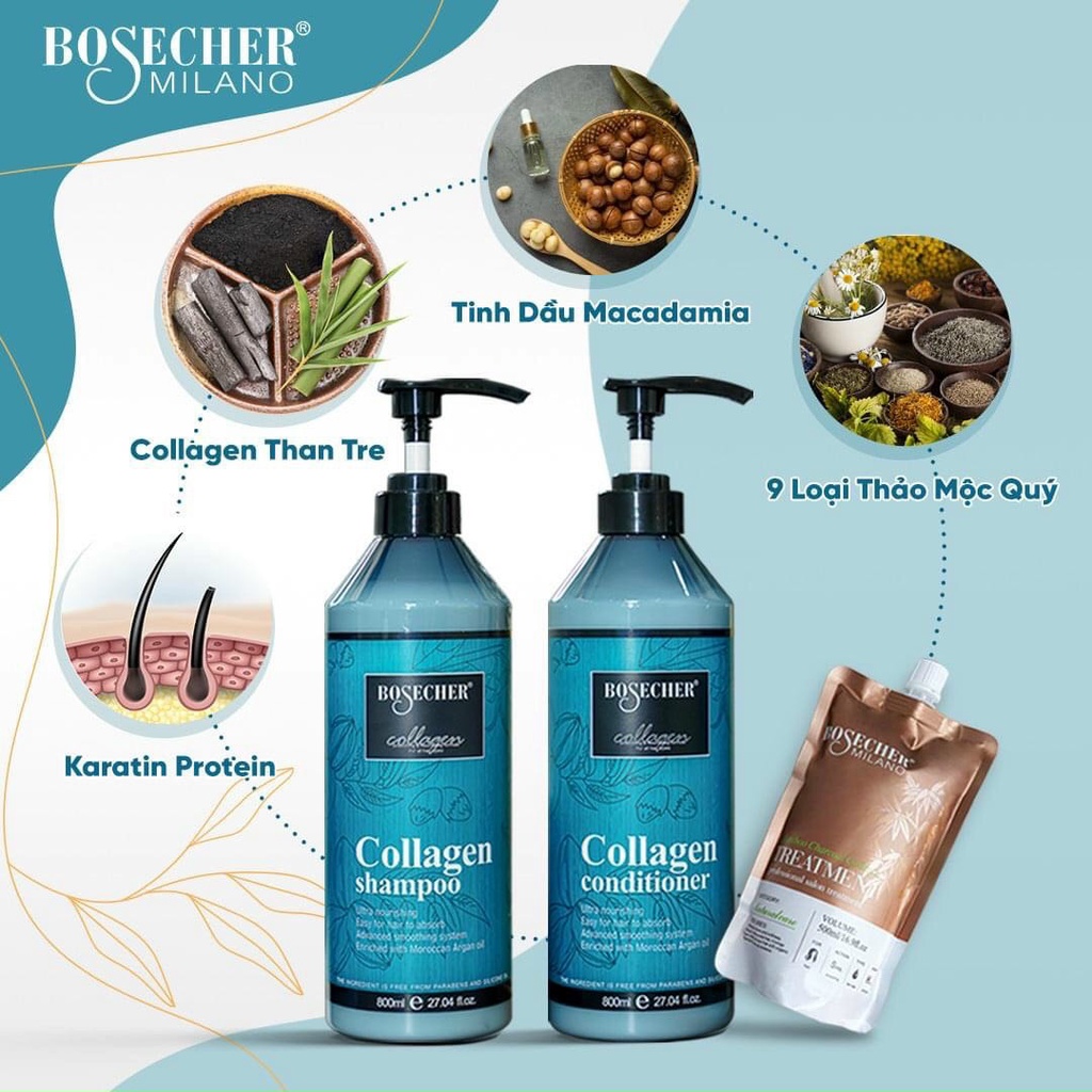 Cặp Dầu Gội Dầu Xả Colagen Bosecher Phục Hồi Tóc Hư Tổn Kích Thích Mọc Tóc Siêu Mềm Mượt 800Ml * 2