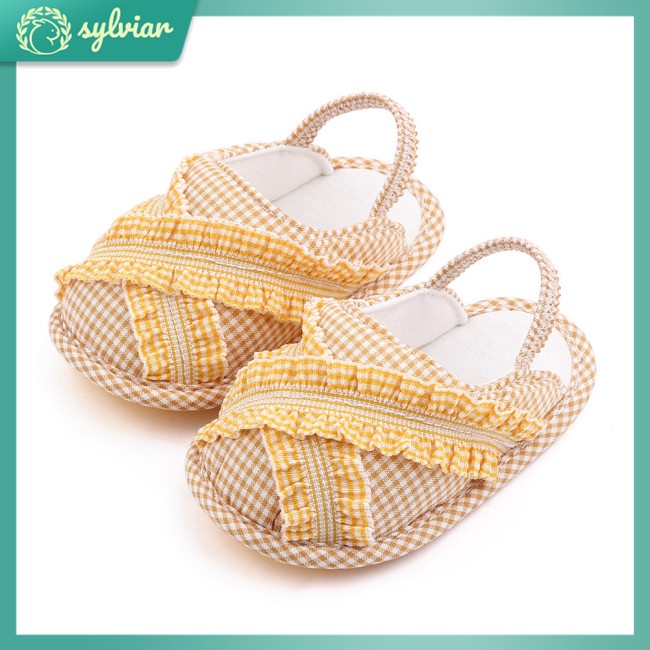 Đôi dép đi trong nhà vải cotton sọc ca rô phối viền bèo dành cho bé 0-18 tháng tuổi