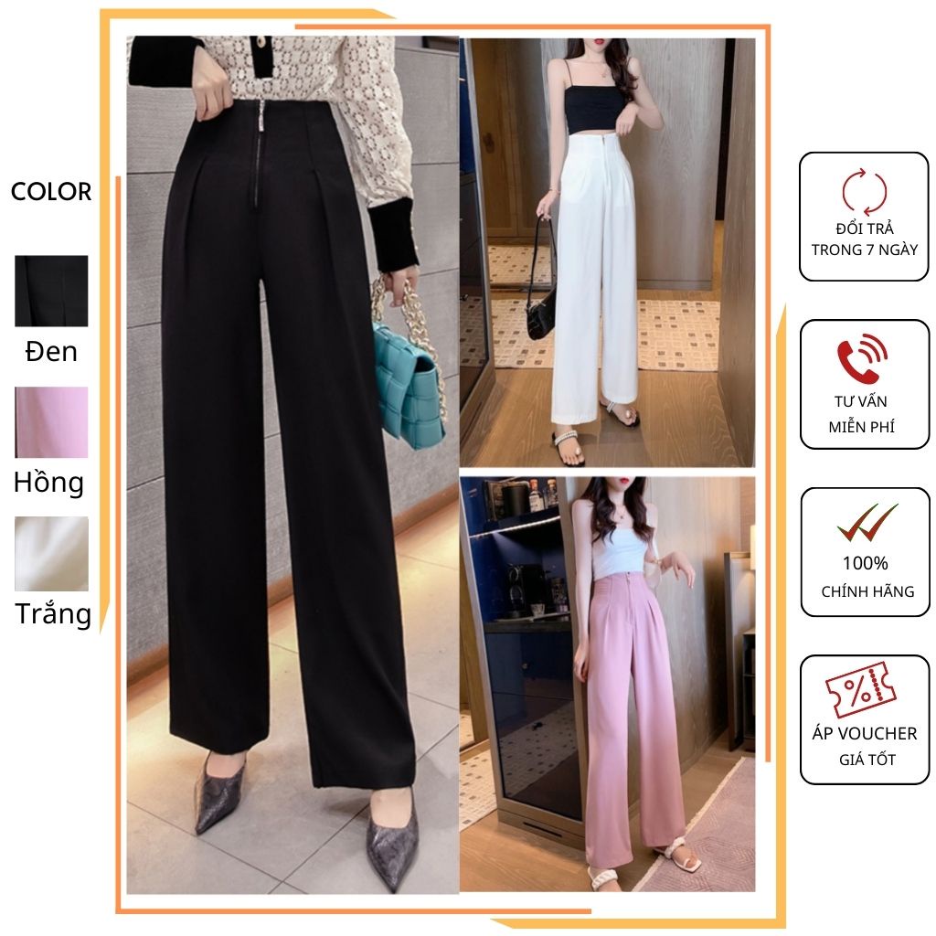 Quần ống rộng nữ khóa trước màu đen, trắng, hồng Quần ống suông nữ size từ s - xl