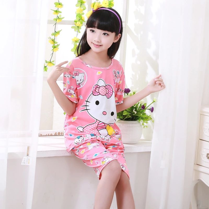 Set Đồ Bộ Ngắn Tay In Hình Mèo Hello Kitty Dễ Thương Dành Cho Bé