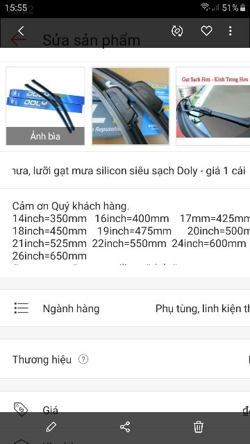 Gạt mưa, chổi gạt mưa, lưỡi gạt mưa silicon siêu sạch Doly - giá 1 cái