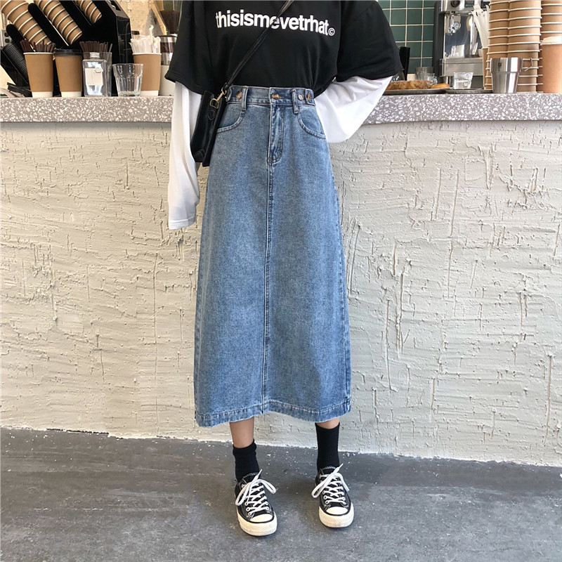 Chân váy denim dài xẻ tà thời trang mùa thu năng động retro