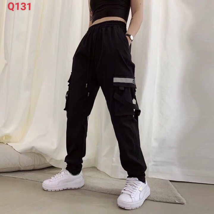 Quần Jogger Kaki Nam Nữ Dáng Thể Thao nhiều Túi Hộp Có Phản Quang màu đen