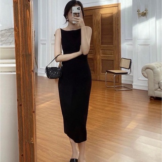 [Ảnh thật] Đầm phi đen 2 dây body cổ thuyền hở lưng